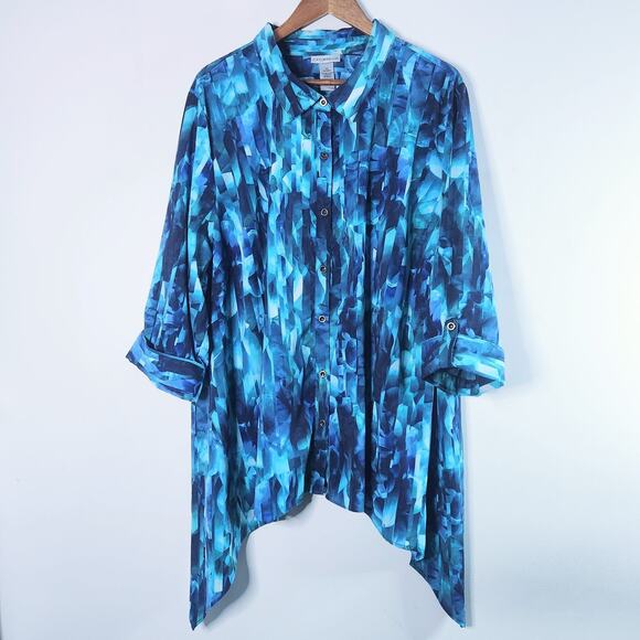 Catherines Tops - Catherine's Womens Blue Artsy Print Oversized Button Up Blouse Size 3X 26/28